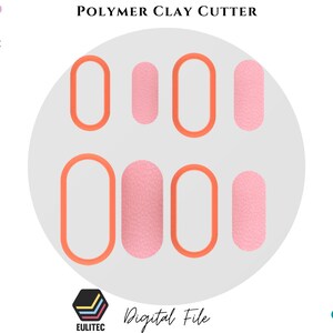 May include: A digital file for a polymer clay cutter with six different shapes. The shapes are outlined in orange and filled with a light pink color. The text "STL FILE" is in the top left corner of the image.