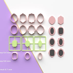 Puede incluir: Colección de cortadores de joyería rosa y verde impresos en 3D en varias formas, incluyendo óvalos, rectángulos y marcos. La imagen también muestra el icono del archivo STL y texto que indica diferentes niveles de afilado de los bordes.