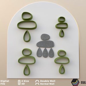 May include: Four green wall shelves in the shape of a teardrop with a stacked stone design in the center. The shelves are double-walled and have a 3D effect. The text "Digital File", "4 Size 3D", and "Double Wall Normal Wall" is at the bottom of the image.