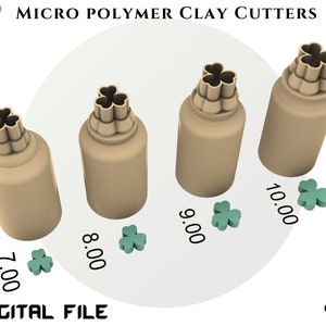 May include: Four different sizes of polymer clay cutters shaped like a four-leaf clover. The cutters are beige and are arranged in a row from largest to smallest. The sizes are labeled 10.00, 9.00, 8.00, and 7.00. The image also includes the text "MICRO POLYMER CLAY CUTTERS", "STL FILE", and "DIGITAL FILE".