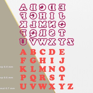 Puede incluir: Dos conjuntos de letras mayúsculas de la A a la Z en un estilo de fuente retro. El conjunto superior es de color rosa con un contorno blanco. El conjunto inferior es de color naranja brillante. Las letras están dispuestas en filas, con seis letras en cada fila. La imagen también incluye texto que indica diferentes niveles de nitidez para la impresión 3D.