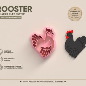 Puede incluir: Un cortador de arcilla polimérica rosa con forma de gallo y una figura de gallo negra terminada con cresta y barbillas rojas. El texto dice ROOSTER POLYMER CLAY CUTTER, STL FILE - DIGITAL DOWNLOAD, INSTANT DOWNLOAD, FOR PERSONAL USE ONLY.