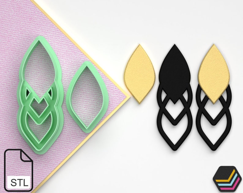 May include: A set of three green plastic earring molds with a leaf design. The molds are shown next to two pairs of black and gold earrings.