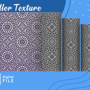 Puede incluir: Un conjunto de tres rodillos decorativos con un patrón repetitivo de intrincados diseños florales. Los rodillos son en tonos de gris y blanco. El texto "Roller Texture" está en la parte superior de la imagen. El texto "Digital FILE" y "STL" está en la parte inferior de la imagen.