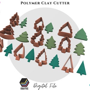Puede incluir: Un conjunto de 13 cortadores de arcilla polimérica en forma de árboles de Navidad. Los cortadores son de varios tamaños y estilos, algunos tienen una forma de árbol más tradicional y otros tienen un diseño más moderno y minimalista. Los cortadores son una mezcla de marrón y verde.