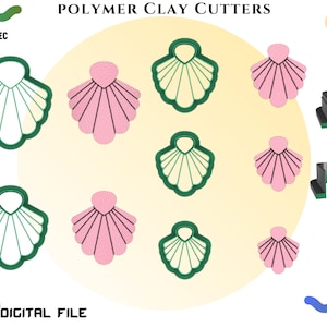 Può includere: Set di otto tagliabiscotti in pasta polimerica a forma di conchiglie. I tagliabiscotti sono di due colori: rosa e bianco. L'immagine mostra i tagliabiscotti in stile "normale" e "parete doppia".  "POLYMER CLAY CUTTERS" e "DIGITAL FILE" sono scritti nell'immagine.