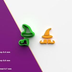 May include: Two 3D printed cookie cutters, one green and one orange. The green cutter is shaped like a witch's hat. The orange cutter is shaped like a witch's hat with a mustache.