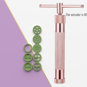 May include: A rose gold cookie press with a handle and a set of eight interchangeable green cookie molds. The extruder is NOT in the file.