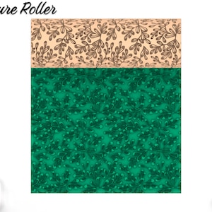 May include: A green and beige texture roller with a leafy pattern. The roller is designed for creating embossed patterns on clay, fondant, or other crafts.