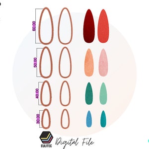 May include: A set of 12 digital files for laser cutting, featuring various sizes of teardrop shapes. The teardrop shapes are in different colors, including red, orange, pink, green, and blue. The image also includes the text "EULITEC STL FILE" and "Digital File".