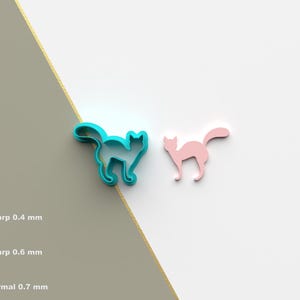 Puede incluir: Dos cortadores de galletas con forma de gato, uno turquesa y otro rosa, sobre una superficie blanca. El cortador turquesa es ligeramente más grande que el cortador rosa.