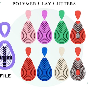 May include: A set of eight polymer clay cutters in various colours, including pink, purple, green, red, blue, beige, and silver. The cutters are shaped like teardrop earrings with multiple layers. The image also includes the text "POLYMER CLAY CUTTERS" and "DIGITAL FILE".