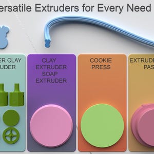 Puede incluir: Cuatro diseños de extrusoras impresas en 3D diferentes para arcilla polimérica, jabón, galletas y pasta. Cada diseño se muestra en un color diferente: azul claro, morado, naranja y amarillo. Los diseños están etiquetados con sus usos respectivos.
