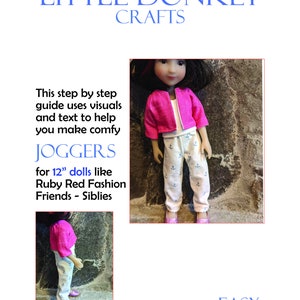 Facile cartamodello in pdf per pantaloni comodi o pantaloni da jogging per bambole da 12" come Ruby Red Fashion Friends - Siblies