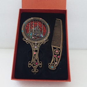 Vintage Authentic Mirror and Comb Set with Stones,Decorated Mirror and Comb Set,Art Deco Set,Makeup Mirror,Gift for Women,Cosmetic Tool