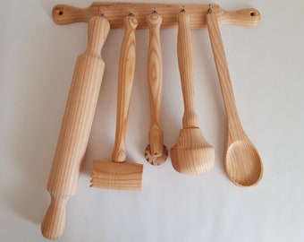 Rustic Wooden Kitchen Utensil Set: Hanging Decor, Cooking Gift