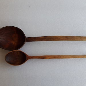 2 Handmade Wooden Spoons: Antique Primitive Ladles