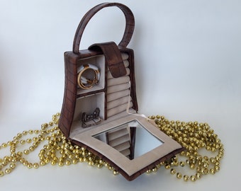 Vintage Jewelry Case, Brown Leather Jewelry Box,  Organizer