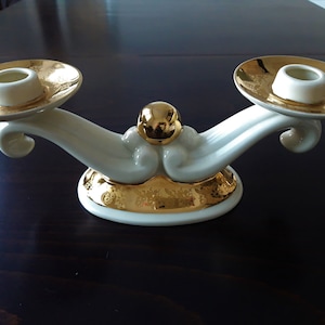 Vintage Bavarian Porcelain Double Candlestick: Golden Floral Decor