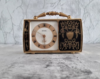 Swiza watch, table clock, vintage brass alarm clock, rare brass alarm clock SWIZA, Non-working retro alarm clock