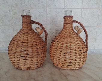 Vintage 2 demijohn crocheted bottles with handle, hand crocheted bottles, decorative glassware, wicker wine bottle, vintage rustic decor