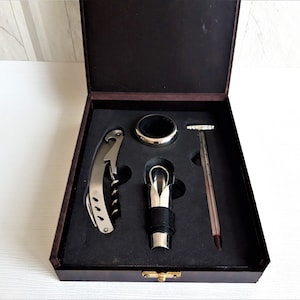 Wine set, wooden wine box, set of wine tools, wine box, wine accessories, wine gift, wine set with inscription