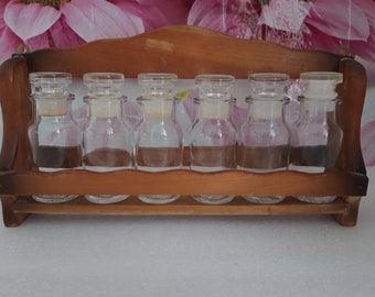 Vintage Wooden Wall Spice Rack with Glass Jars