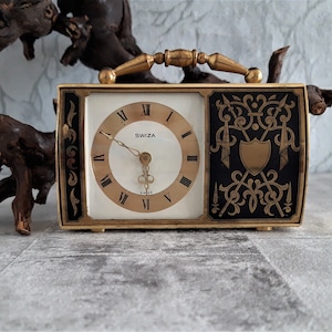 Swiza-horloge, tafelklok, vintage koperen wekker, zeldzame koperen wekker SWIZA, niet-werkende retro wekker