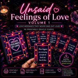Könnte beinhalten: Ein Kartenspiel "Unsaid Feelings of Love" mit neonrosa Design. Die Karten sind 9,5 cm x 6,5 cm groß und enthalten Liebesbotschaften. Das Bild enthält eine Kerze, astrologische Symbole und den Text "Digitaler Download Sofortiger Zugriff!"