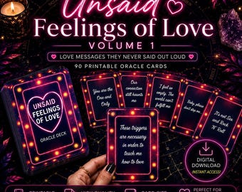 May include: A deck of "Unsaid Feelings of Love" oracle cards with a neon pink design. The cards are 9.5cm x 6.5cm and feature love messages. The image includes a candle, astrological symbols, and the text "Digital Download Instant Access!"