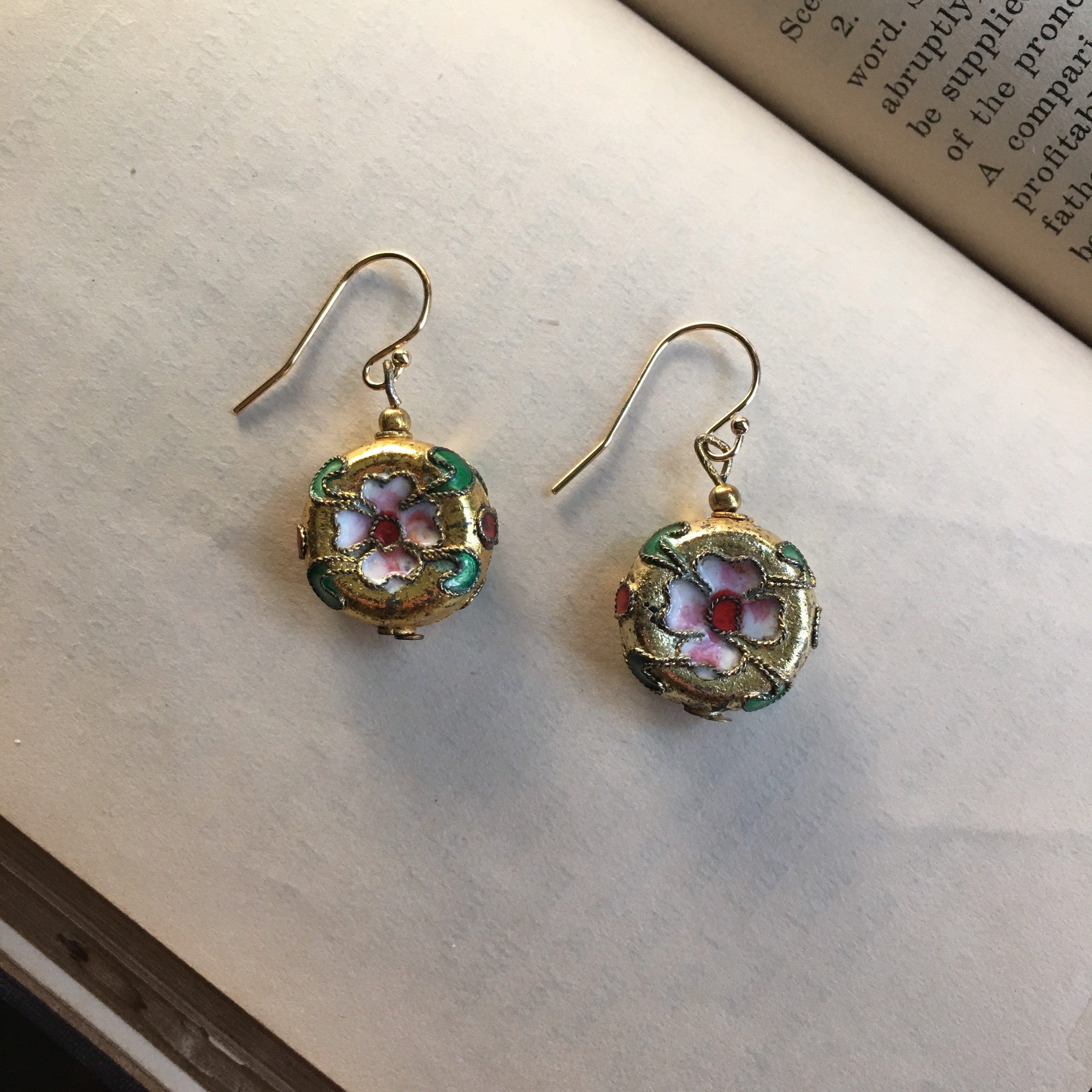 Cloisonné Flower Earrings, Genuine Gold Plated Wires, Repurposed