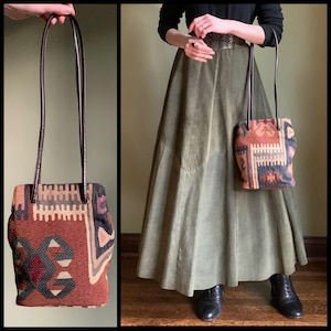 Vintage Nine West Tapestry Bag, Kilim Fabric Bucket Bag, Southwestern Bohemian Western Style Purse, 1990s