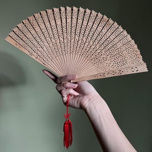 Vintage Wooden Hand Fan, Folding Fan with Woodcut Design