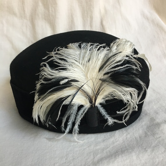 Vintage Black Feather Pillbox Hat Vintage Kangol Pillbox Hat: Black Feather Millinery, 1980s  main image 3