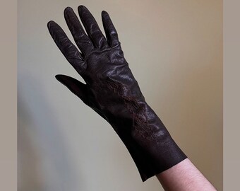 Coffee Brown Leather Gloves, Embroidered