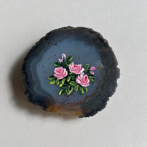Miniature Oil Painting, Roses on Agate Geode Slice