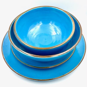 Sky Blue Dinnerware Set, Four Piece Set, Pottery Dinner Plate, Handmade Tableware Set, Ceramic Dinner Plate, Dinner Plate Set, Serving Plate