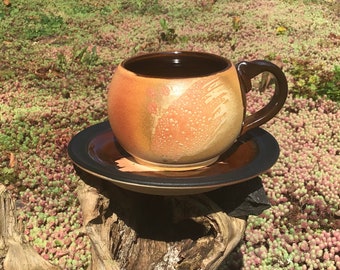 Handmade Glazed Stoneware Tea Cup with Saucer