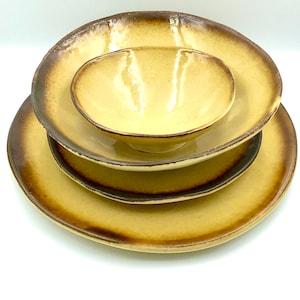 Handmade Ceramic Dinnerware Set: Brown-Yellow Glaze, Black Burned Edge, 4-Piece