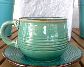 Handmade Glazed Ceramic Coffee Cup with Saucer: Light Green & Blue