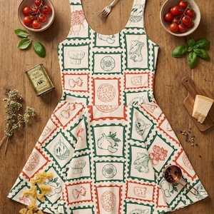 May include: A sleeveless skater dress featuring an off-white background with a repeating pattern of red and green postage stamp-style frames. Each frame contains illustrations of Italian food items including pizza, pasta, garlic, and chef hats.