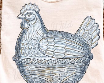 Hen in nest png, trendy grandma core design, 90's inspired, thrifted decor, digital download, Trending thrift store design