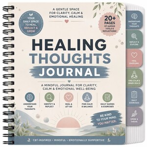 May include: A spiral-bound journal titled "Healing Thoughts Journal" with a light beige cover. The cover features text and graphics in shades of blue, green, and pink. The journal includes tabs for different sections and the text "Be Kind to Your Mind. You Matter."