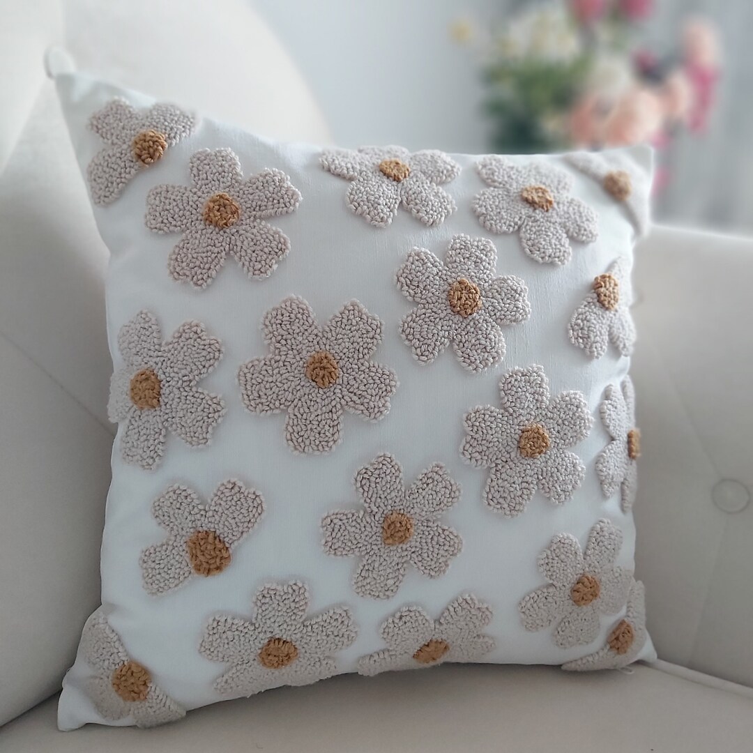 Handmade Pillow Cover, Punch Needle Flowers, Tufted Pillowcase, Autumn