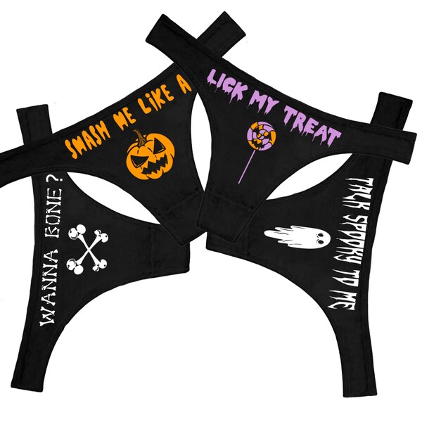 Halloween thongs | Panties | Spooky | Underwear | lick my treat | Ghost | wanna bone | talk spooky to me | Cute | Flirty | Sexy | Booty |