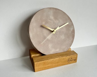 RUTA20 Concrete Table Clock 20cm, Handmade Desk Clock, Concrete Clock With Wooden Stand, Office Accessory, Abstract Design, Wall Clock