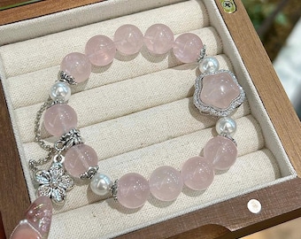 Natural Rose Quartz Crystal Bracelet with Pearl & Silver - Plated Accents - Handmade Elegance for Love and Beauty