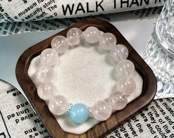 Natural Madagascar Rose Quartz Bracelet with Aquamarine Accent - Handmade Jewelry for Love and Tranquility