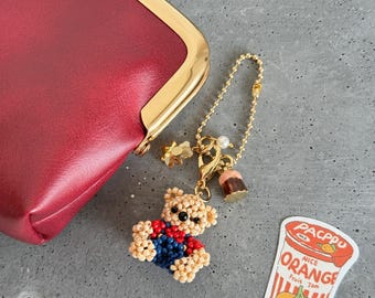 Handmade Beaded Teddy Bear Charm with Pudding Accent, Cute Gold-Tone Keychain for Purse, Handbag, Backpack Accessories