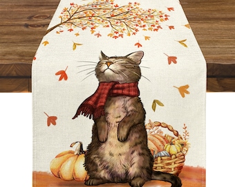 Fall Cat With Leaves Table Runner, Holiday Decor, Pumpkin Table Runner, Seasonal Table Runner, Farmhouse Table Runner